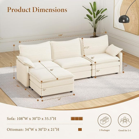 Vesgantti 108" Modular Sectional Sofa, Comfy Cloud Couch with Movable Ottoman Deep Seat Corduroy L Shaped Modular Sofa, Sectional Couches for Living Room, Bedroom and Apartment, Beige | Sink-in Comfort, Height Adjustable, Easy Rearrangement, Extra-deep...