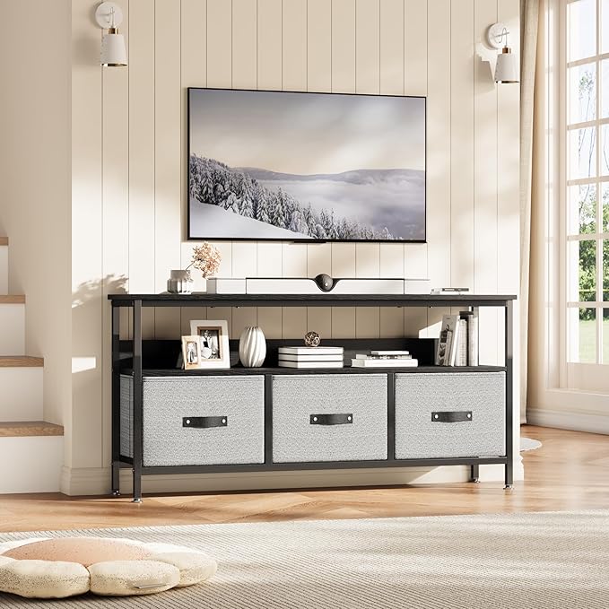 GAOMON 55 Inch TV Stand for Living Room, TV Stand with 3 Drawers, Compact Entertainment Center with Storage Solutions, TV Console Table for Bedroom, Black Finish with Grey Drawers