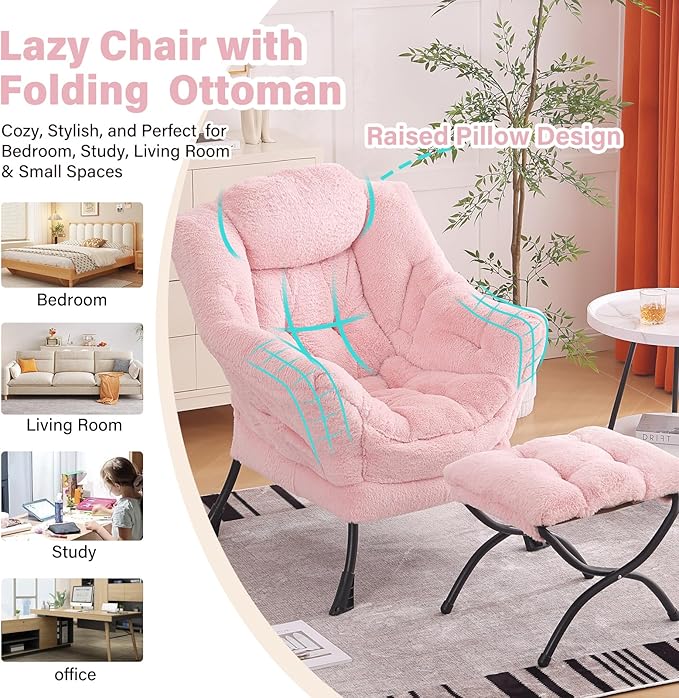 Lazy Chair with Ottoman, Modern Chair with Folding Footrest, Plush Pink Accent Chair, Comfortable Reading Chair, Oversized Armchairs for Bedroom, Study, Living Room, Courtyard