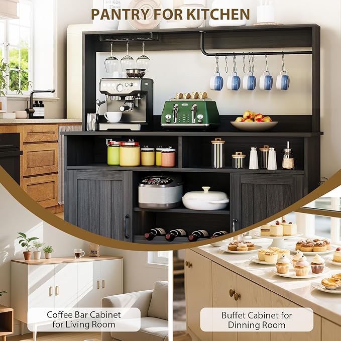 47 in Farmhouse Buffet Sideboard Cabinet with Power Outlets Coffee Bar Cabinet with Storage, Large Buffet Storage Cabinet Table with Wine Racks, Goblet Holder, Hooks for Kitchen, Dining Room, Grey