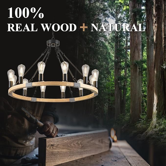 31.5'' 12 Lights Wooden Wagon Wheel Chandelier Natural Farmhouse Wood Round Chandelier Black Rustic Light Fixture for Living Dining Room Entryway Foyer Kitchen