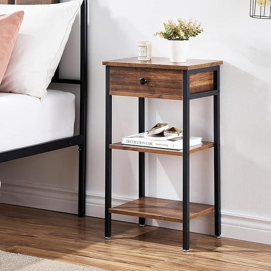 VECELO Tall End Table with Adjustable Shelf Night Stand with Drawer for Small Spaces,Living Room Bedroom, Brown,Set of 2