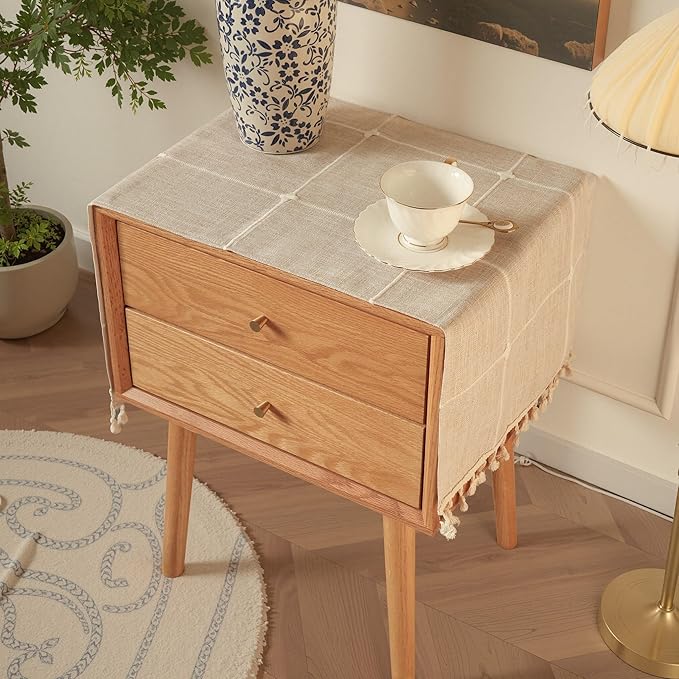 Modern Nightstand Cover with Tassels,Rustic Plaid End Table Cover Cloth,Square nightstand dust Cover and Dresser Cover top for Living Room.Machine Washable (Coffee,43.4" L x 15.7" W)
