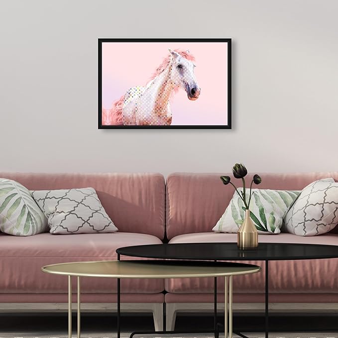 Country Farmhouse Canvas Print Painting Animal Wall Art 'Pink Glam Horse' Black Framed Canvas Rustic Home Décor 15x10 in Pink, White by Oliver Gal