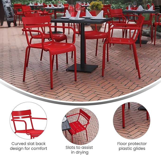 Flash Furniture Nash Commercial Grade Steel Stack Chair, Indoor-Outdoor Arm Chair with 2 Slat Back, Red