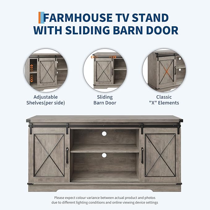 IDEALHOUSE Farmhouse TV Stand and Entertainment Center for Tv up to 65 inches with Sliding Barn Doors and Adjustable Shelf, Tv Media Console Table with Storage Cabinet for Living Room, Grey