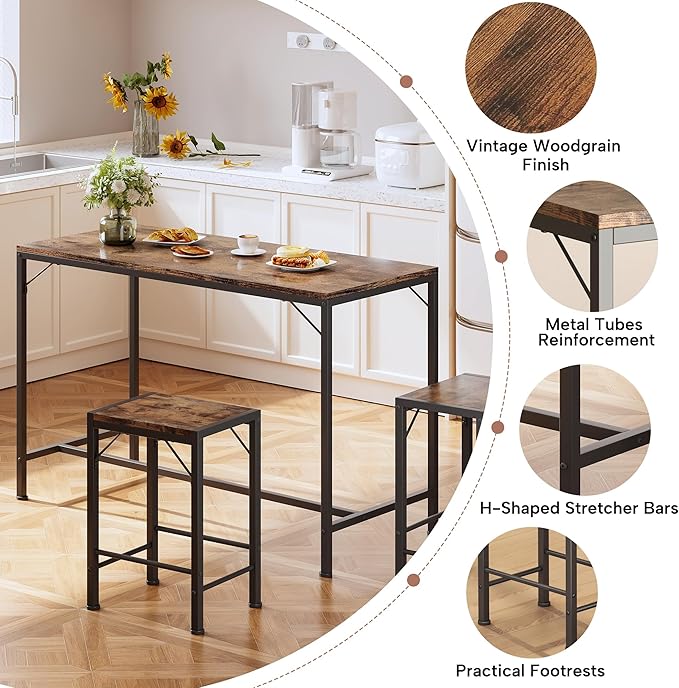 Homeiju Bar Table and Chairs Set, Bar Table with 2 Stools, Space-Saving Dining Pub Set for 2, Perfect for Kitchen, Breakfast Nook, Living Room & Small Spaces (Rustic Brown)