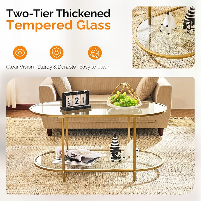 VINGLI 38" Oval Coffee Table, Transparent Glass Coffee Tables for Living, Modern Coffe Table with 2-Tier Storage, Tea Table for Small Space, Office, Balcony, Matte Gold