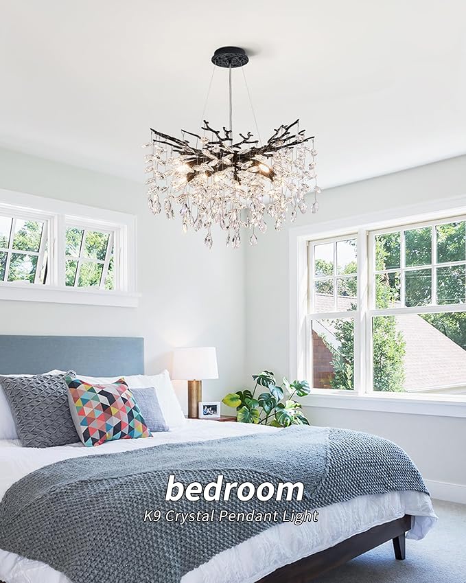 Modern Tree Branch Crystal Chandelier Luxury Blacl Crystal Pendant Lighting 23.6" Contemporary 8-Light Chandeliers for Dining Room Kitchen Bedroom Living Room