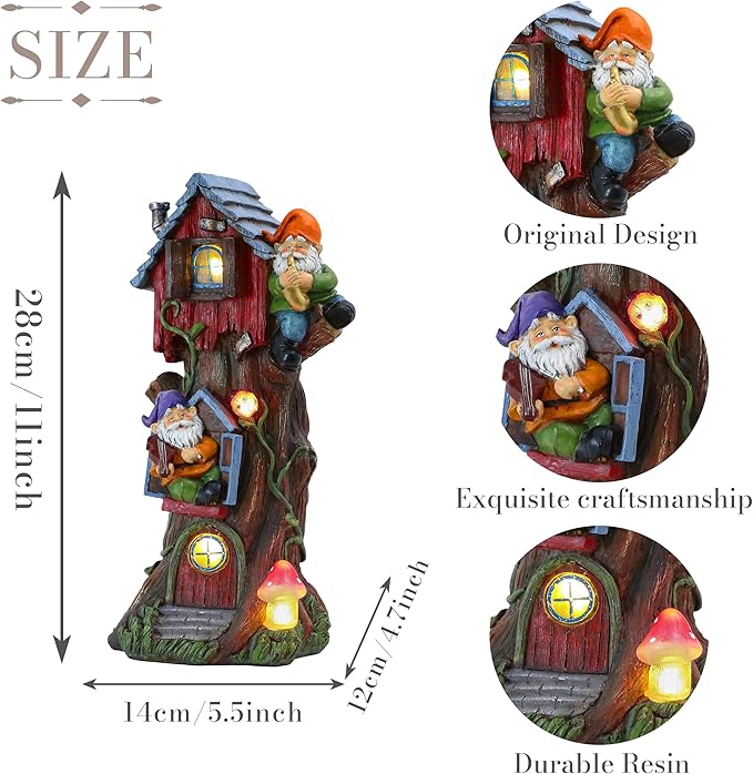 TERESA'S COLLECTIONS 11" Tall Large Garden Statues Gnome Treehouse with Solar Outdoor Light, Dad Gifts for Men,Resin Garden Decor Lawn Ornaments for Patio Yard Decor Gifts for Dad and Mom