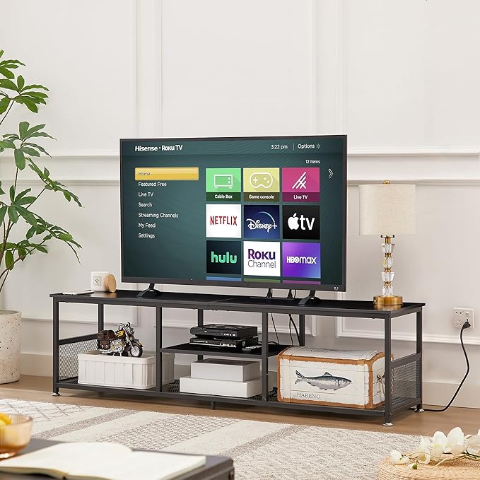 VECELO TV Stand with Power Outlets for Televisions up to 80Inch, 70" Media Entertainment Center with Charging Station 3-Tier Open Storage Shelves with Metal Frame for Living Room/Bedroom，Black