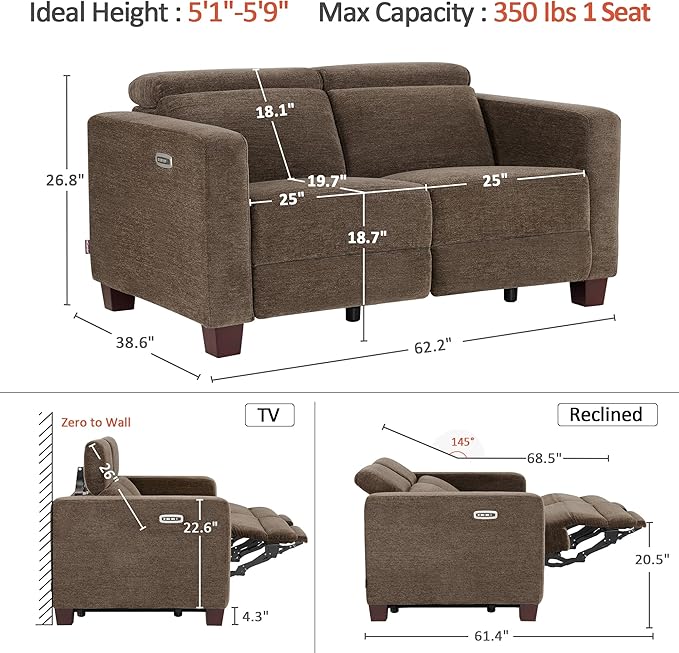 MCombo 62.2'' Reclining Loveseat, Wall Hugger Power Loveseat Recliner Sofa with Adjustable Headrest, USB A & C Charge Ports, Wood Legs, for Living Room (Fabric HL198M1)(Coffee)