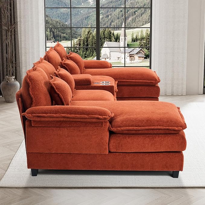 133" Oversized U Shaped Cloud Couch Modular Sectional Couches for Living Room Comfy Chenille Deep Seat Sofa Set with Double Chaise Lounge, Storage Central Console, Cup Holders, USB Port, Orange
