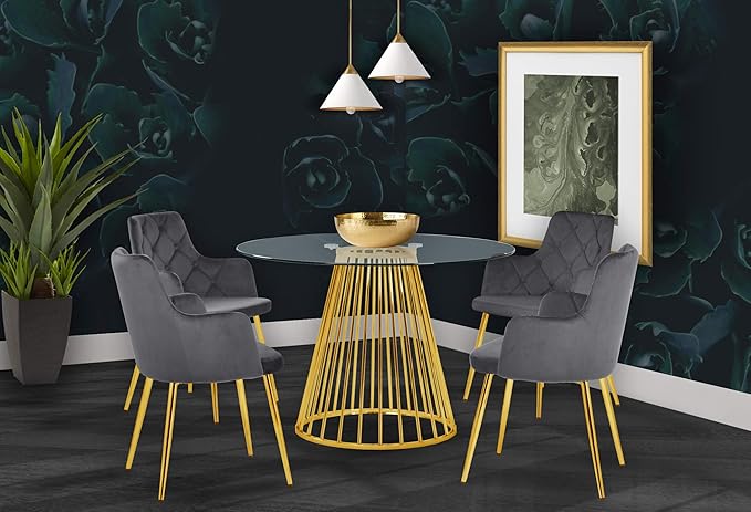 Meridian Furniture Gio Collection Modern | Contemporary Clear Tempered Glass Top Table with Wired Design, Durable Metal Base, Dining, Polished Gold Finish