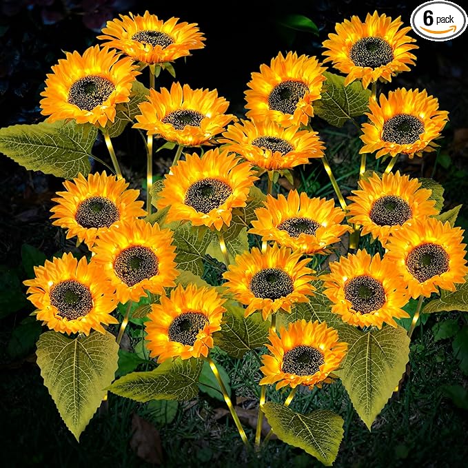 6 Pack Solar Garden Lights Outdoor, 2 Lighting Modes Warm White LED Waterproof Solar Powered Sun Flowers Landscape Light for Outside Yard, Patio, Pathway Decorative, Décor, Gifts
