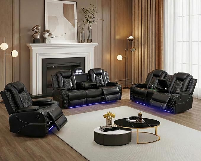 Power Recliner Sofa Set for Living Room, Breathing Leather Reclining Sofa Set with LED/USB Port/Cup Holders/Storage, 3 Piece Living Room Furniture Home Theater Seating Couches (Black)
