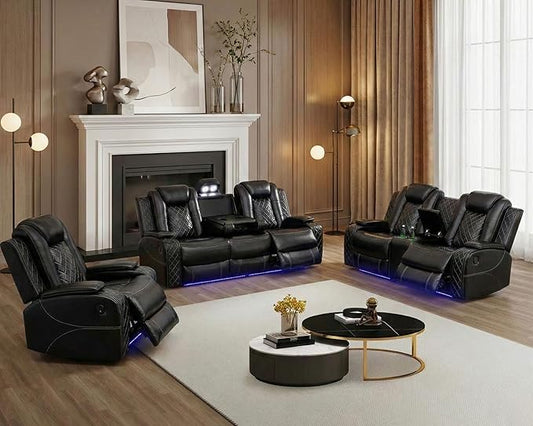 Power Recliner Sofa Set for Living Room, Breathing Leather Reclining Sofa Set with LED/USB Port/Cup Holders/Storage, 3 Piece Living Room Furniture Home Theater Seating Couches (Black)