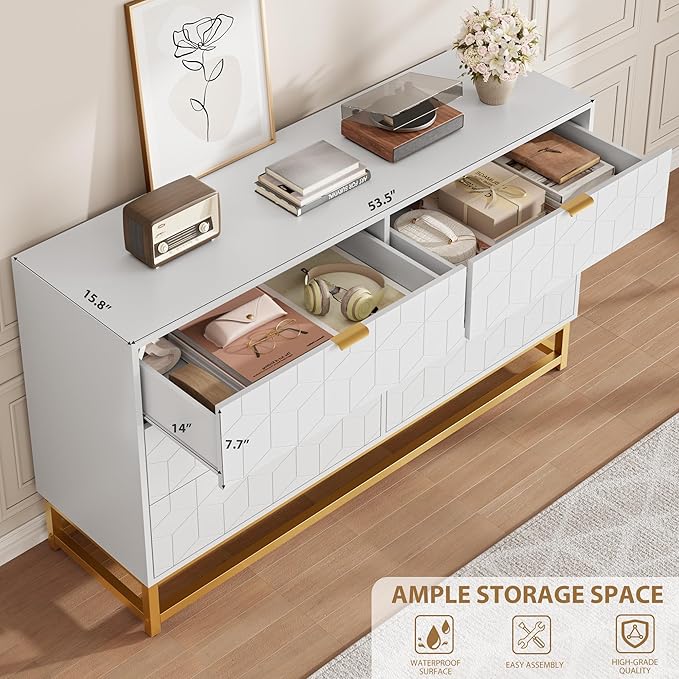 GAOMON Dresser for Bedroom, 53.5" Large Dresser Organizer, 6 Drawer with Golden Metal Handle and Legs, Modern Chest of Drawers, White Dressers with Drawers for Closet, Hallway, Living Room, Entryway