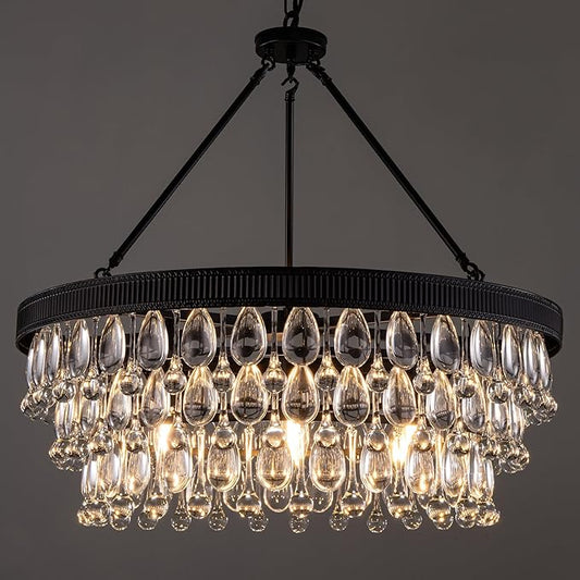 TOCHIC Crystal Chandeliers, 6-Light 3 Tiers Black Crystal Chandelier Light, Modern Farmhouse Luxury Light Fixture for Bedroom, Dining Room, Kitchen Island, Living Room, Entryway, 28"