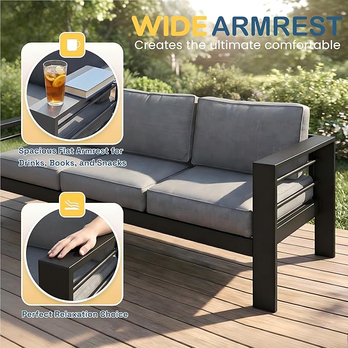 Solaste Aluminum Patio Furniture Set for All Weather, Oversized Metal Outdoor Furniture Set with 27.5" Deep Seating and 3.2" Wide Armrest, Outdoor Patio Conversation Sets with 10" Back Suport Cushion