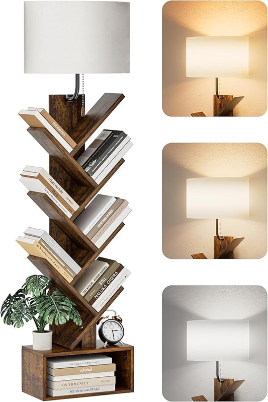 6 Tier Tree Bookshelf with Light, Corner Tall Narrow Bookshelf, Small Bookcase with Storage Cabinet,Floor Standing Bookshelves Organizer for Bedroom/Living Room/Home Office, Rustic Brown