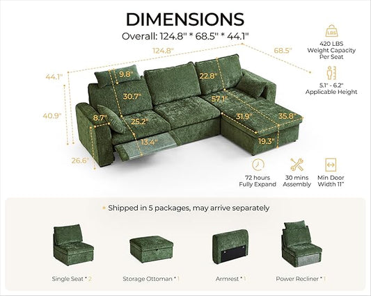124.8'' Oversized Power Recliner Sofa with Headrest, Extra Wide Modular Cloud Sectional Reclining Couch, Convertible 4-Seater with Storage Ottoman for Home Theater Living Room, Chenille, Green