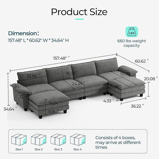 LINSY HOME 157'' Modular Sectional Sofa Grey Couch Corduroy Cloud Couches for Living Room, U Shaped Couch with Movable Ottoman, Modern Cloud Sectional Sofas for Bedroom and Apartment, Grey