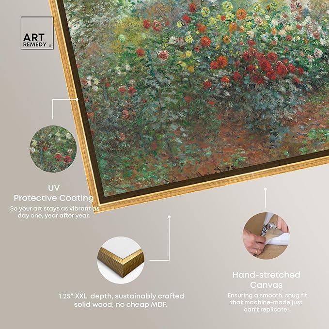 Art Remedy Monet-Garden With Dahlias Impressionism Classic Landscape Paintings Canvas Wall Art, Gold Floater Frame, 10"x15"