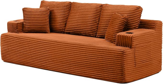 Eafurn Floor Loveseat Boneless Sofa Couch in a Box with Cup Holder and Side Pockets, 3 Seater Comfy Corduroy Upholstered Foam Couch with Deep Seating for Living Room,No Assembly | Breathable material, Cupholders