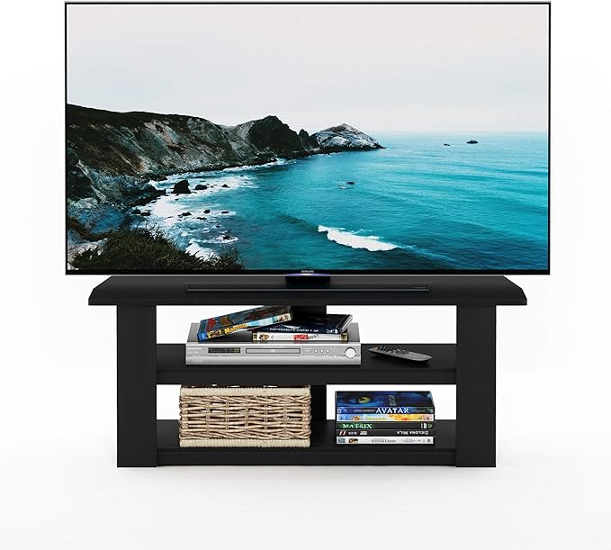 Furinno PARSONS TV Stand, 3-Tier Entertainment Center with Storage Shelf, Open Frame TV Console for TV up to 50 Inch, for Living Room, Bedroom, Black