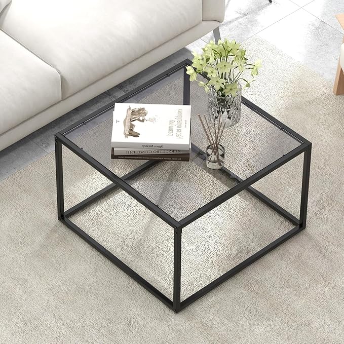 Giantex 27.5" Square Coffee Table - Tempered Glass Center Table w/Metal Frame, Modern Accent Table for Small Space, Living Room, Home, Office, Easy Assembly (1-Tier, Gray)