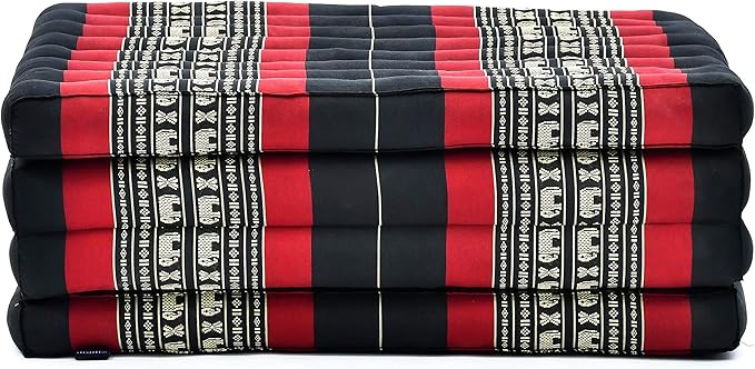 Leewadee Trifold Mattress Standard – Comfortable Thai Massage Pad, Foldable Floor Mattress Filled with Kapok, Perfect to Use as a Sleeping Mat 79 x 28 inches, Black Red