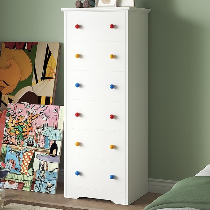 LIKIMIO Small Dresser Tall, 6 Drawer Tall Skinny Dresser with Colorful Handles, Chest of Drawers for Bedroom, 51.5" H Modern Wooden Floor Storage Cabinet with Metal Sliding Rail, White