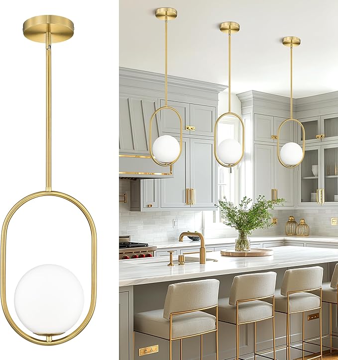 AUTELO Gold Pendant Lights, 1-Light Pendant Lights Kitchen Island in Brushed Gold Finish with Milky White Globe Glass, Mid Century Pendant Light Fixtures, Gold Hanging Lights for Kitchen H9376 MGBG