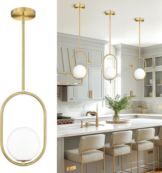 AUTELO Gold Pendant Lights, 1-Light Pendant Lights Kitchen Island in Brushed Gold Finish with Milky White Globe Glass, Mid Century Pendant Light Fixtures, Gold Hanging Lights for Kitchen H9376 MGBG