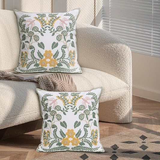 Set of 2 Embroidered Decorative Throw Pillow Covers Couch Square Pillowcases Cushion for Bedroom Sofa Farmhouse Decor 18x18 Inch (Flower-A)