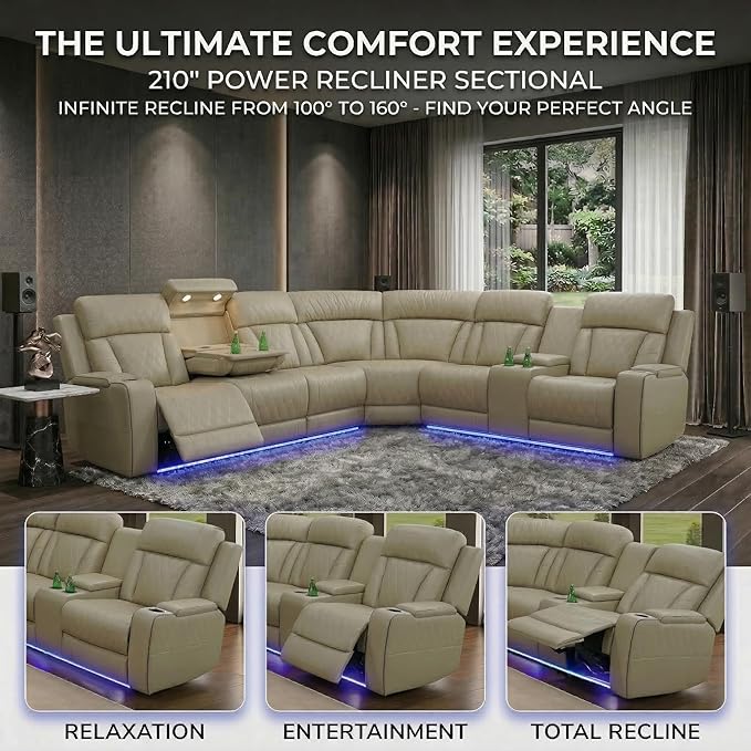 Power Reclining Sectional Sofa, Beige Breathing Leather Recliner Couch with LED Light, Cup Holders, Storage Console, Wireless Charging, USB & Type-C for Living Room Home Theater