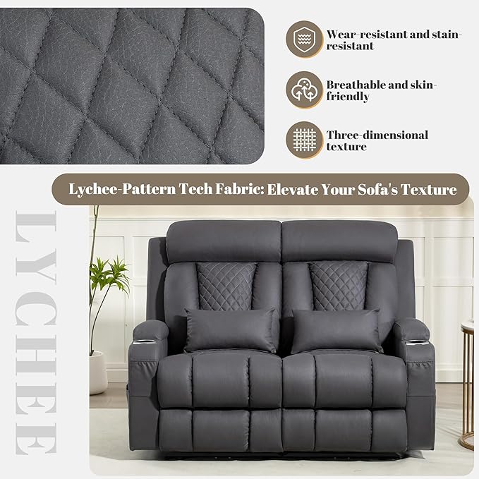 Zero Wall Hugger Power Reclining Loveseat with Adjustable Headrest, Power Loveseat Recliner Sofa with USB&Type-C Ports, Wall Hugger Reclining Loveseat for Living Room (Gray, 2 Seater)