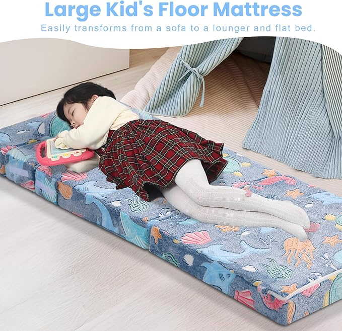 MeMoreCool Foldable Futon Chair Bed for Kids, Glow Tri-fold Sofa Bed Convertible Toddler Sofa Mattress, Foam Floor Couch for Sitting, Blue