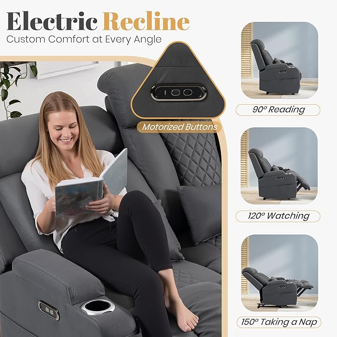 2-Piece Power Reclining Sofa Set, 3-Seater Sofa with Drop-Down Console & 2-Seater Loveseat, Zero Wall Hugger Electric Recliner Couch with Adjustable Headrest, AC Outlets (Gray, 3 Seat)