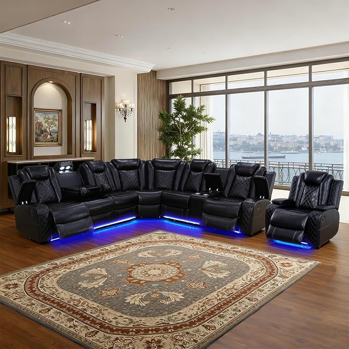 Power Leather Recliner Sectional Sofa with LED Light,L Shaped Reclining Couch with USB Charger/Cup Holder/Storage,Leather Sofa for Living Room Furniture Sets(Black,Sectional+1 Seat)