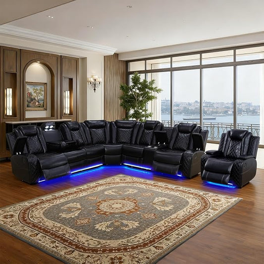 Power Leather Recliner Sectional Sofa with LED Light,L Shaped Reclining Couch with USB Charger/Cup Holder/Storage,Leather Sofa for Living Room Furniture Sets(Black,Sectional+1 Seat)
