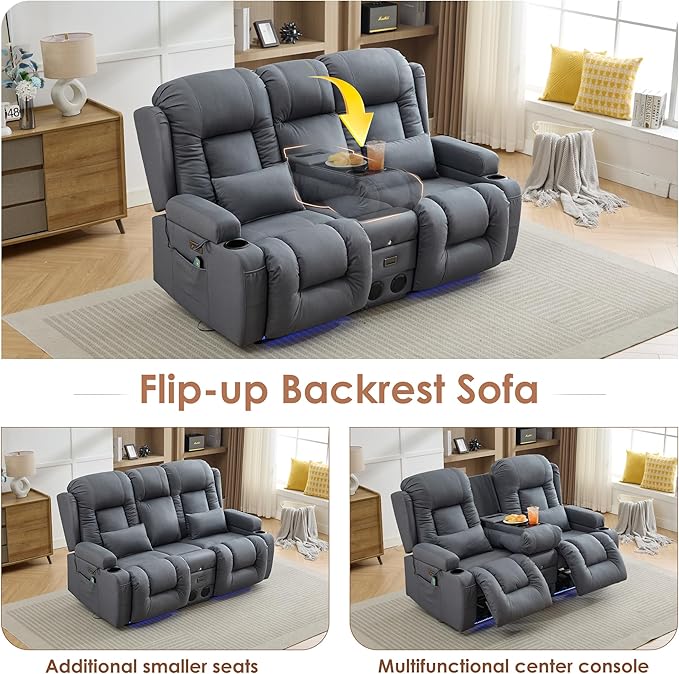 TUNYI Wall Hugger Loveseat Recliner Sofa with Console, Power Reclining Loveseat RV Couch with Massage & Heat/USB/Outlet/Storage/LED Light/Speaker (Blue)