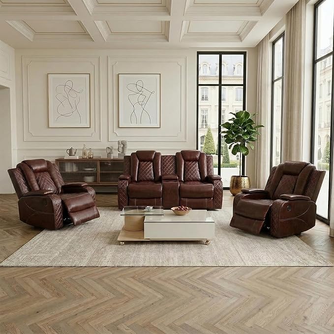 Power Recliner Sofa Set, Air Leather Reclining Couch with LED, Reclining Living Room Sofa and Loveseat Chair for House/Apartment/Office (Burgundy, LOVESEAT+2 Chairs)