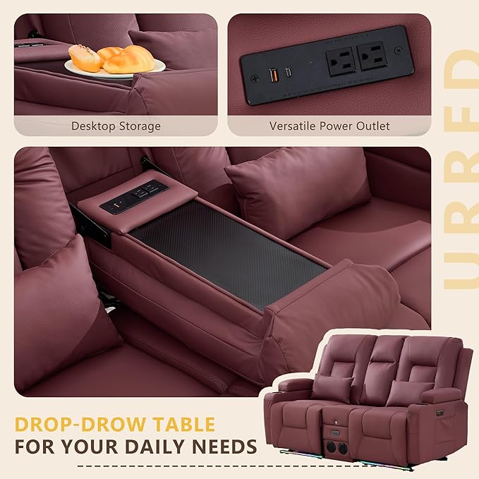 URRED Power Loveseat Recliner Sofa with Console, Wall Hugger Reclining Loveseat RV Couch with LED Light, 150° Zero Gravity Recliners Modular Couches for Living Room (Red, 68.1'' - 2 Seats)