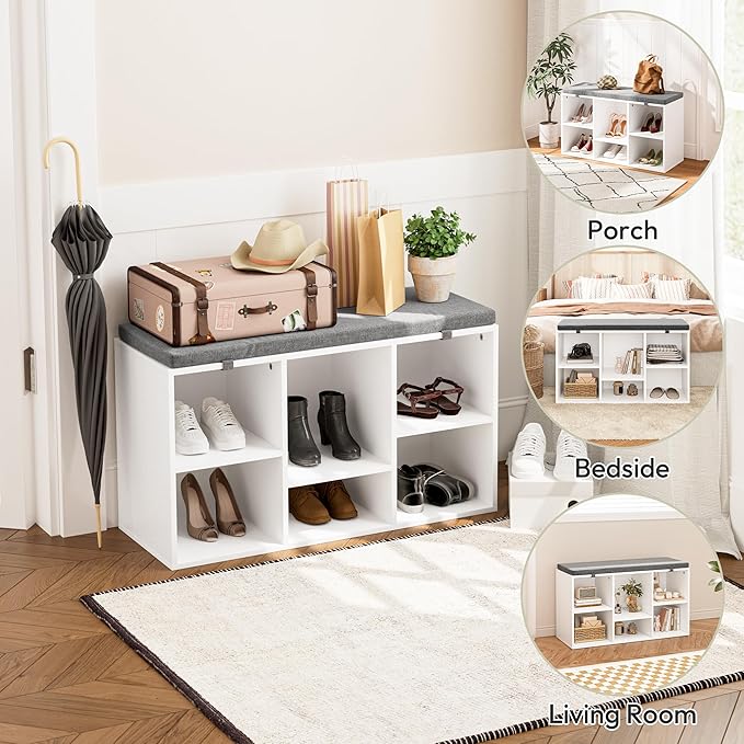 Shoe Bench, Storage Bench with Padded Seat, 6 Cubbies Storage Entryway Bench, for Living Room, Bedroom, Hallway,White