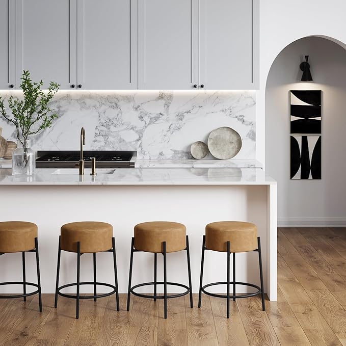 Nathan James Isaac 24" Modern Backless Bar Stool with Round Soft Padded Upholstered Seat and Metal Mid-Century Base, PU Light Brown/Black, Set of 4