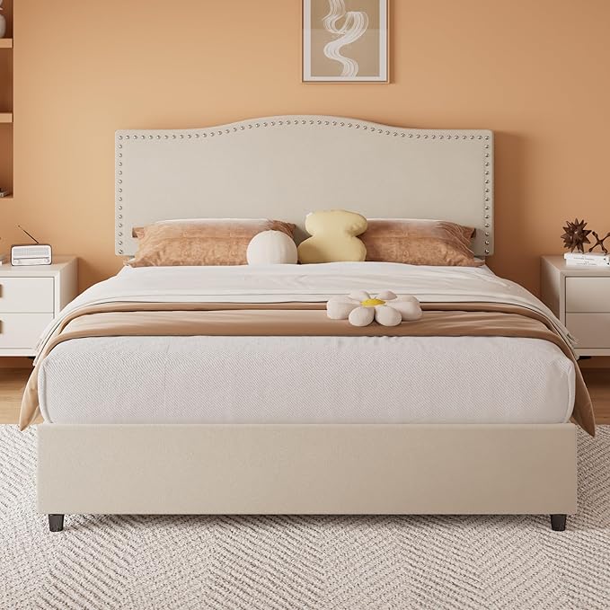 VECELO Queen Bed Frame, Platform Bed Frame with Underbed Storage Drawers and Adjustable Height Upholstered Headboard, Heavy-Duty Frame and Strong Wooden Slats Support, Noise-Free, Easy Assembly, Beige
