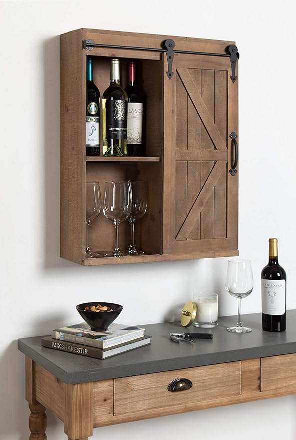 Kate and Laurel Cates Wood Wall Storage Cabinet with Sliding Barn Door; 22 x 9 x 28; Rustic Brown; Decorative Farmhouse Over the Toilet Cabinet with Three Shelves for Bathroom or Kitchen Storage