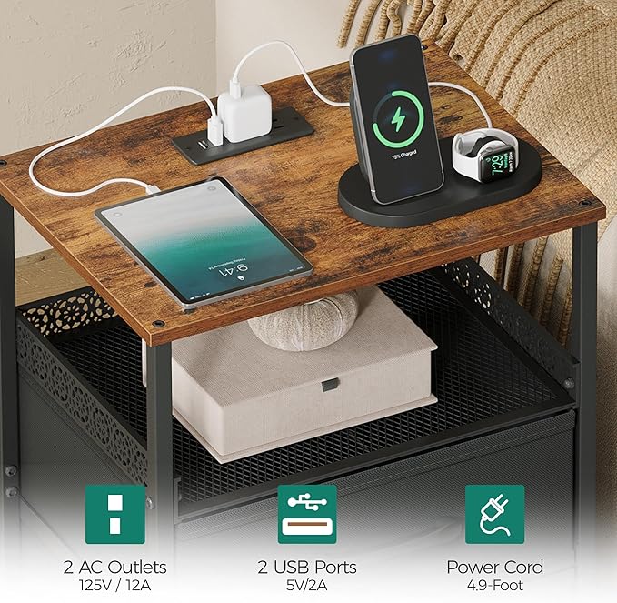 Nightstand Set of 2, Night Stands with Charging Station, 26.4 Inch Tall Bedside Table with Metal Shelf, Modern Side End Table with 3 Fabirc Drawers, Small Dresser for Bedroom, Rustic Brown